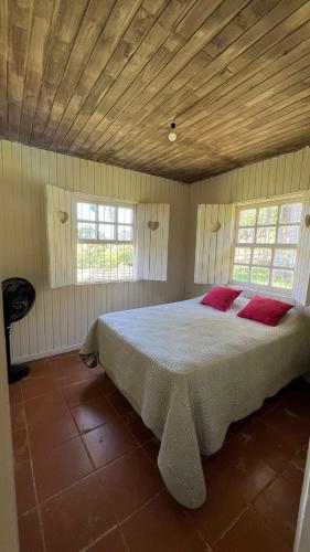 a bedroom with a large bed with two windows at Sítio Espírito Santo in Paraisópolis