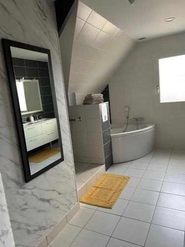 a bathroom with a sink and a tub and a mirror at Chambres Saint-Jamaises in Saint-James