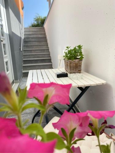 a table with a plant and a basket on it at Ferienwohnung im Sand in Herbolzheim