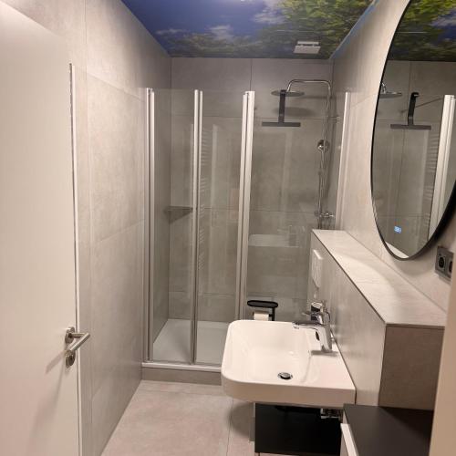 a bathroom with a shower and a sink and a mirror at Apartment MessePark Bad Salzuflen in Bad Salzuflen