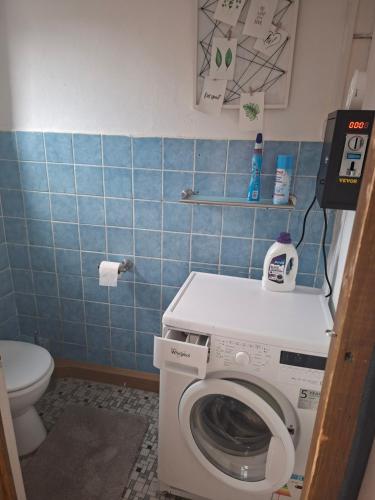 a bathroom with a washing machine and a toilet at Naab-burg in Nabburg