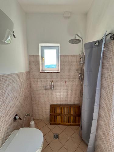 a bathroom with a toilet and a shower with a window at Casa della Consolazione in Todi