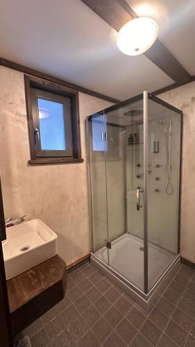 a bathroom with a glass shower and a sink at Cabana Pârâul Lupilor in Răchitiş