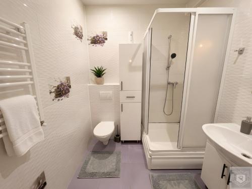 a white bathroom with a shower and a toilet at RentHouse Apartments Cozy Stay in Chişinău