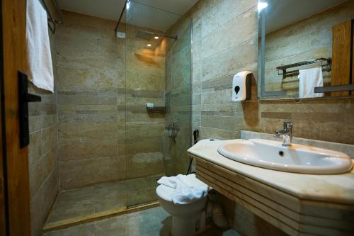 a bathroom with a sink and a toilet and a shower at Pyramids Hostel in Cairo