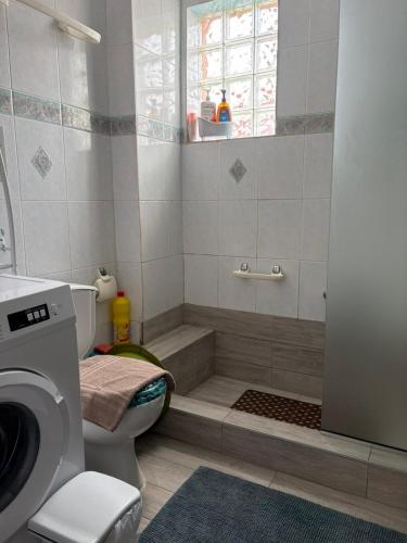 a bathroom with a shower with a toilet and a window at Aether House Αιθήρ in Toroni