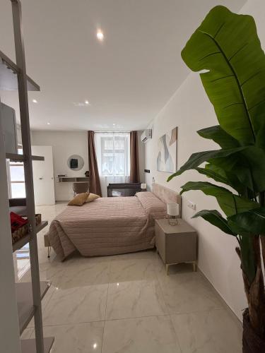 a bedroom with a bed and a large green plant at La dimora del duomo boutique suites & rooms in Terrasini