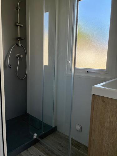 a shower with a glass door in a bathroom at Camping Paradis Aloé in Médis