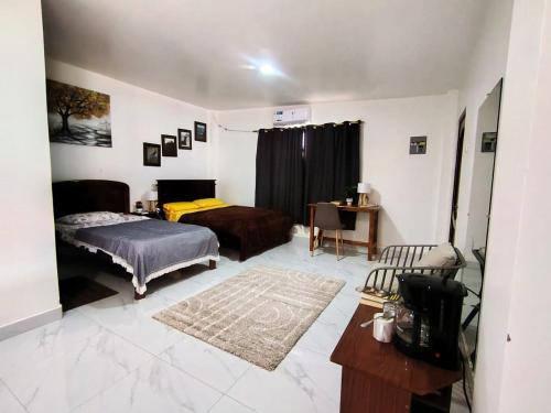 a bedroom with two beds and a desk and a television at Cuarto en galápagos in Puerto Baquerizo Moreno