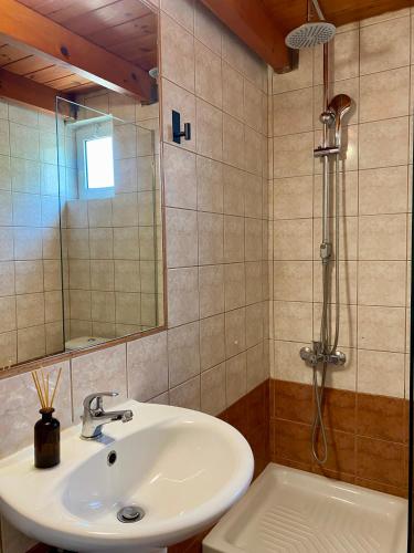 a bathroom with a sink and a shower at A & D Houses in Patra
