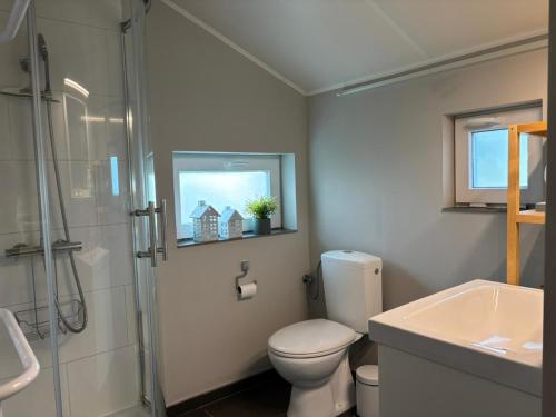 a bathroom with a toilet and a shower and a sink at Hoveke Paddebroek in Alveringem