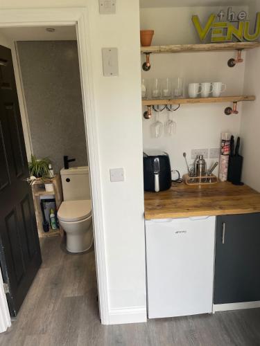 a bathroom with a toilet and a white kitchen at Self contained cabin - The VenU in Bristol