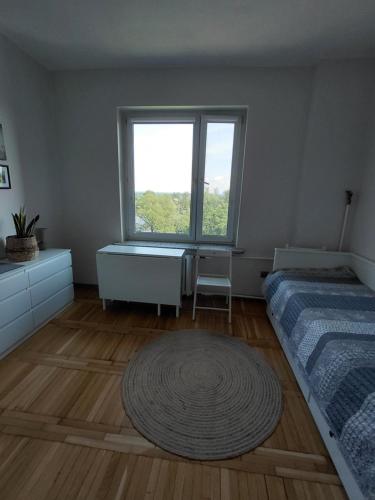 a bedroom with a bed and a window and a rug at Kawalerka nad Odrą in Brzeg