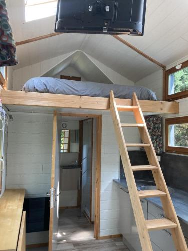 a tiny house with a bunk bed and a tv at Tiny House Insolite avec Escape Game in Chanzeaux