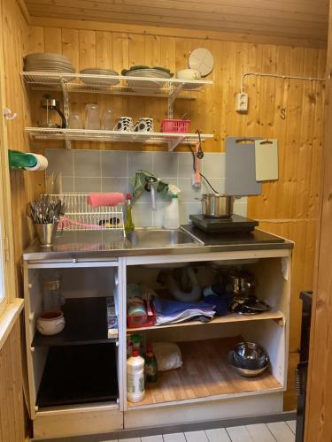 a kitchen with a sink and a mixer in it at Kalliotupa in Haapakylä