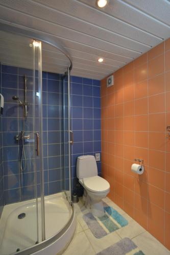 a bathroom with a toilet and a glass shower at Jaani Puhkemaja in Pärnu