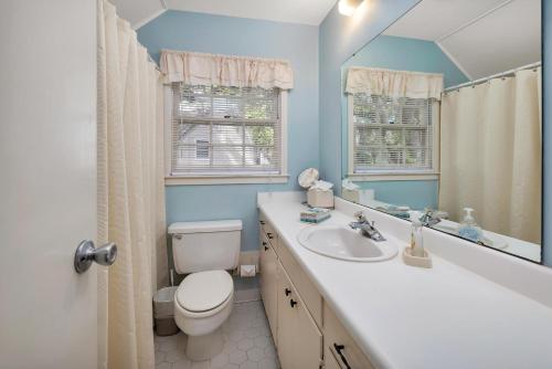 a bathroom with a toilet and a sink and a mirror at Oceanwood 109 in Saint Simons Island