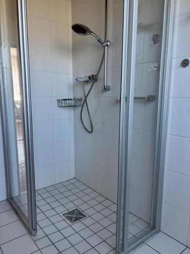 a shower with a glass door in a bathroom at Sylbacher Gästehaus in Bad Salzuflen