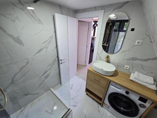 a bathroom with a sink and a toilet and a mirror at The Quiet Wild in Briska Gora