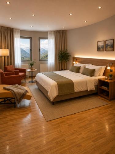 a bedroom with a large bed and a living room at Hotel Montaña Central in Caborana