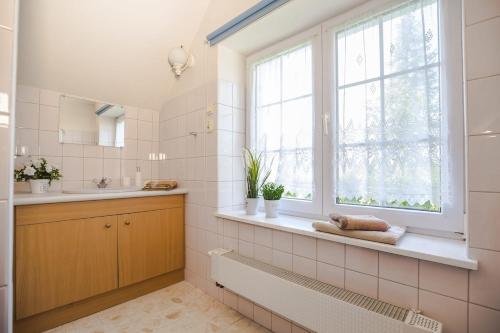 a bathroom with a sink and a window at Chatka Mysliwego Wladka in Wola Piotrowa