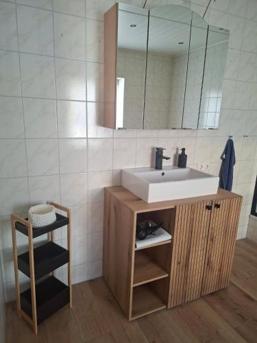 a bathroom with a sink and a mirror at Ferienhaus Petig in Pritzerbe