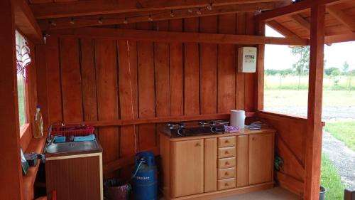 a kitchen with a stove and a sink in a cabin at Balta Roșie in Râu de Mori