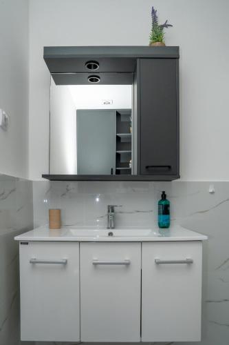 a bathroom with a white sink and a mirror at Green Stone lamela B in Rafailovici