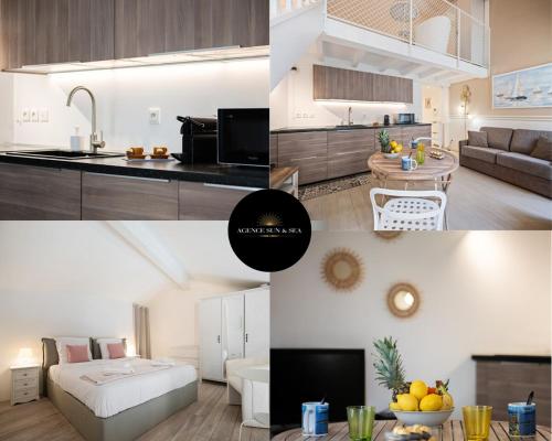 a collage of photos of a kitchen and a living room at VILLA CARLA appartement central zone piétonne clim in Menton