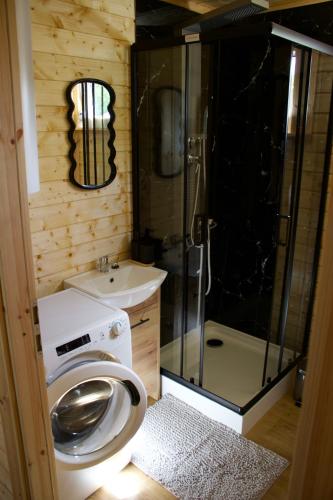 a bathroom with a toilet and a shower and a sink at By The Lake - Domki I Sauna Nad Jeziorem in Załęże