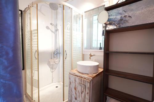 a bathroom with a sink and a shower at Libertas in Pointe d'Esny