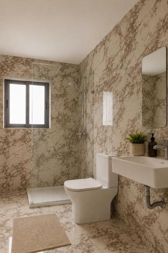 a bathroom with a toilet and a sink and a mirror at Luqa Penthouse 6 with 3 bedroom in Luqa