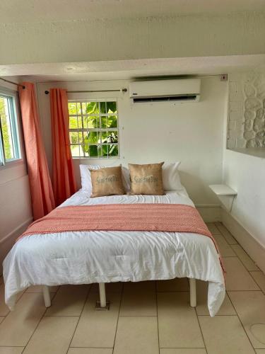 a bedroom with a large bed with a window at Trinity Point Hillside Villa, beach & sunset views in Bequia