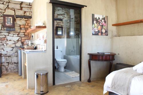 a bedroom with a bathroom with a tub and a toilet at Flitwick Ranch in Swartberg