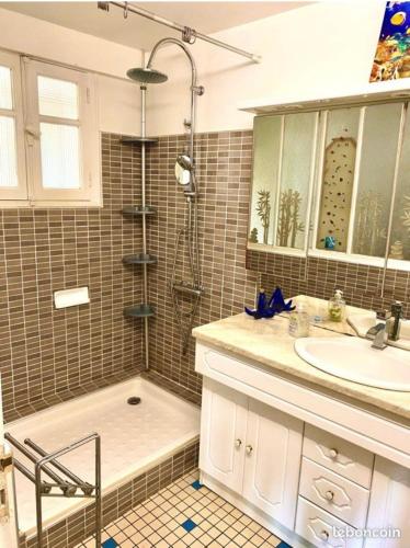 a bathroom with a shower and a sink at Mathéro in Saint-Pair-sur-Mer