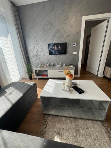 a living room with a couch and a coffee table at Apartment VIP in Subotica