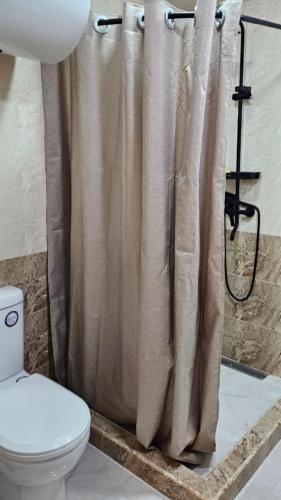 a bathroom with a shower curtain and a toilet at Rich Garden House in Vanadzor