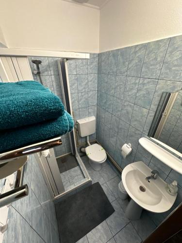 a small bathroom with a sink and a toilet at Casa Diadeea Motru in Motru