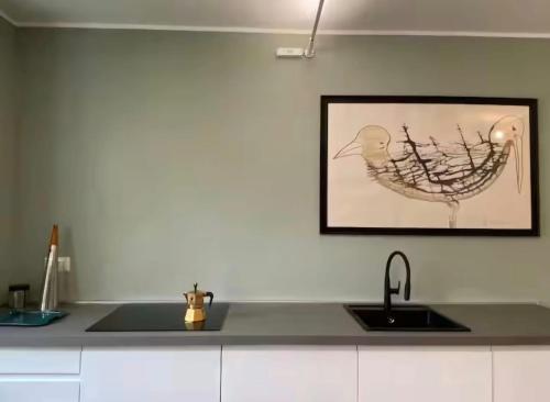a kitchen with a sink and a picture on the wall at Loft Library by Lago Maggiore Rentals in Oggebio