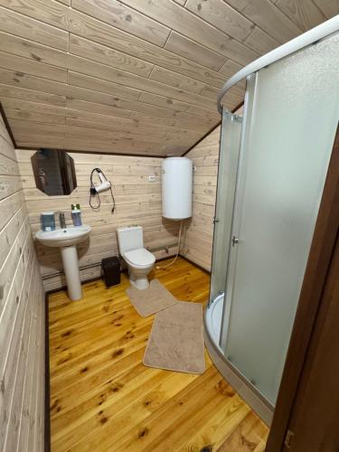 a small bathroom with a toilet and a sink at Мигдаль Маєток in Svityazʼ