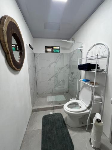 a bathroom with a toilet and a mirror at Hummingbird Haven in Uvita