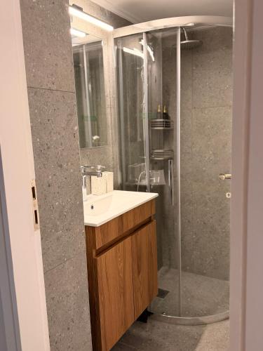 ein Badezimmer mit Waschbecken und Dusche in der Unterkunft Skye collection in Tripolis