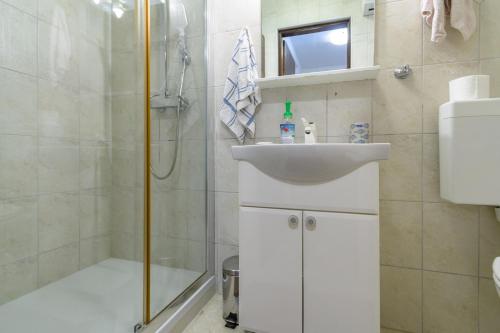 a bathroom with a shower and a sink and a toilet at House Vila Ana in Lopar
