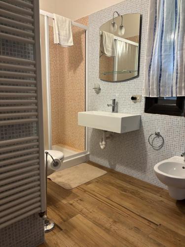 a bathroom with a sink and a mirror at Charming & bright apartment Como lakefront in Argegno