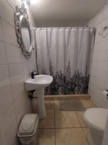 a bathroom with a sink and a shower curtain at Habitación Doble en Dpto compartido in Santiago