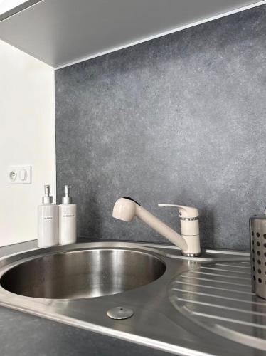 a sink in a kitchen with a silver counter top at T2 lumineux et tout équipé centre Annonay in Annonay