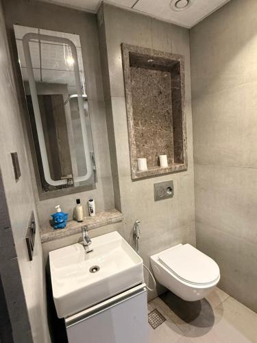 a bathroom with a white sink and a toilet at Luxury sup nova in New Delhi