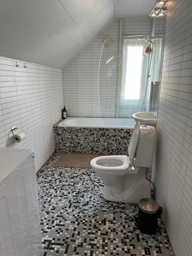 a bathroom with a toilet and a bath tub at Loft apartment with 3 bedrooms in Trondheim