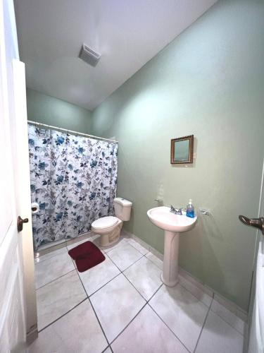 a bathroom with a sink and a toilet and a shower at Casa Playa Cieneguita in Puerto Cortés