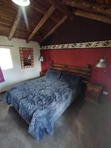 a bedroom with a large bed in a red wall at Cabaña Kokopelli in Villa Giardino